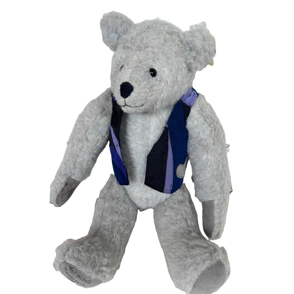VTG handcrafted artist teddy bear signed Del Nichols gray plush bear patchwork